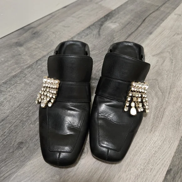 Stuart Weitzman Black Leather Crystal Embellished Mule Heels Slip-On Loafers 5.5 - Picture 3 of 15